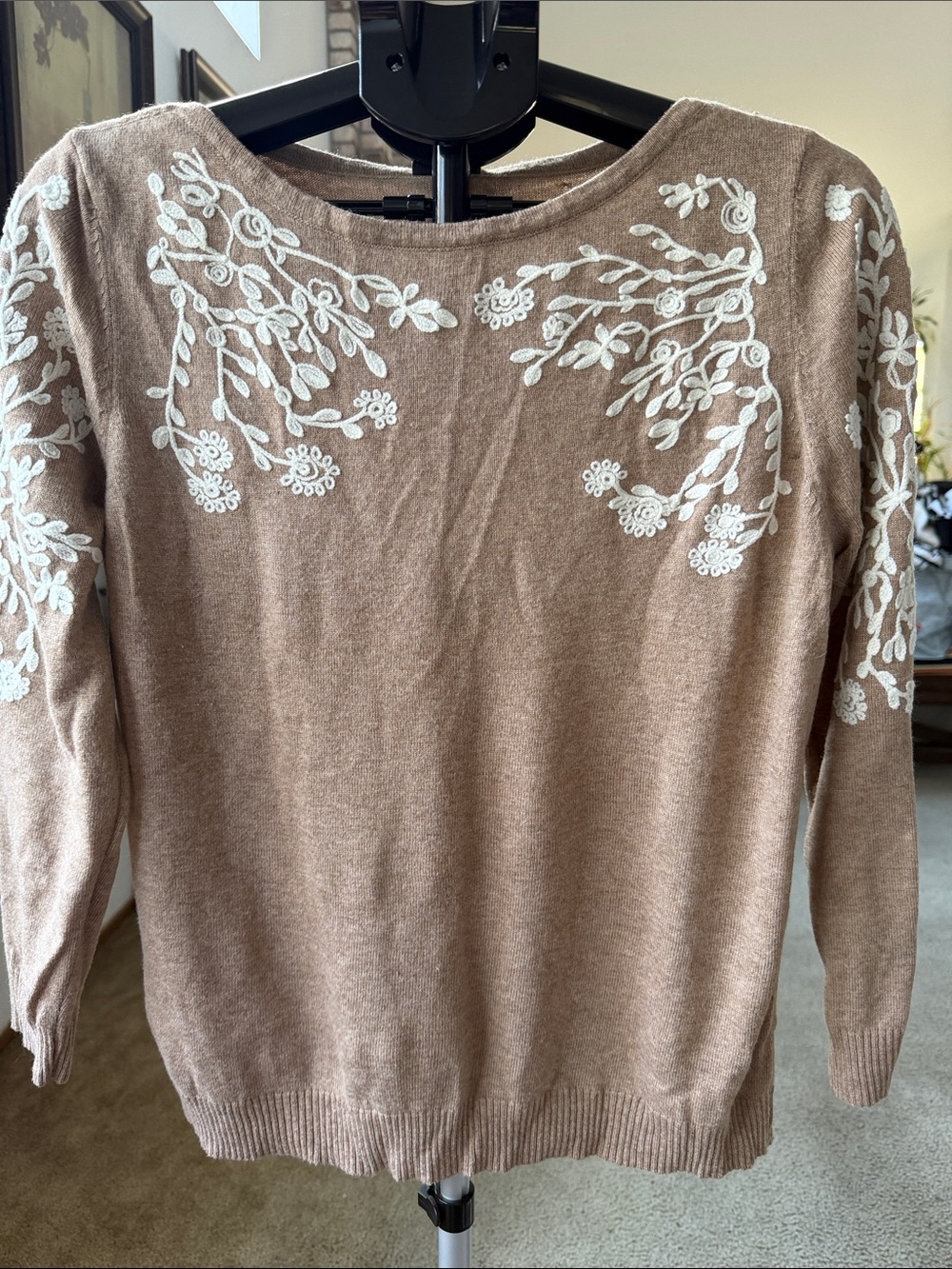 Taupe Crewneck Sweater with White Floral Embroidery